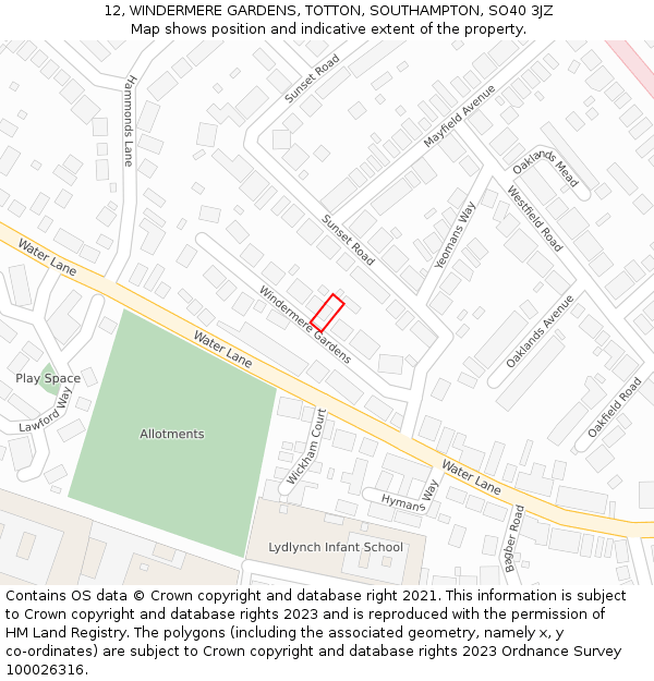 12, WINDERMERE GARDENS, TOTTON, SOUTHAMPTON, SO40 3JZ: Location map and indicative extent of plot