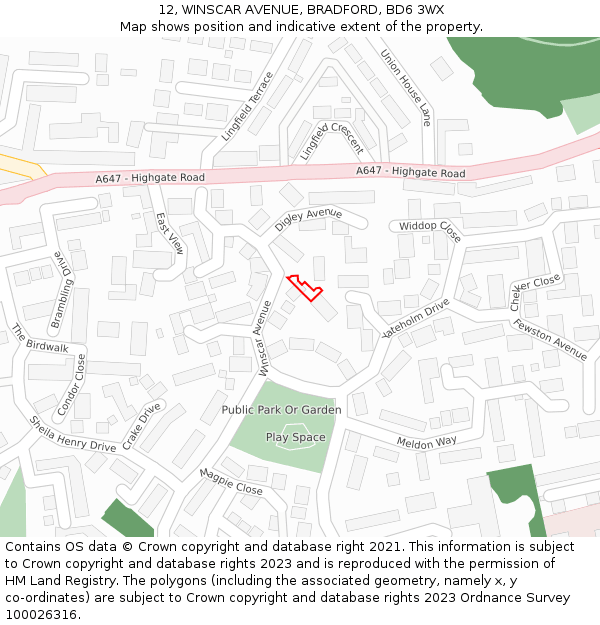 12, WINSCAR AVENUE, BRADFORD, BD6 3WX: Location map and indicative extent of plot