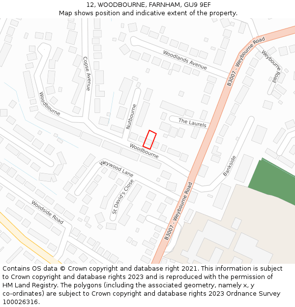 12, WOODBOURNE, FARNHAM, GU9 9EF: Location map and indicative extent of plot