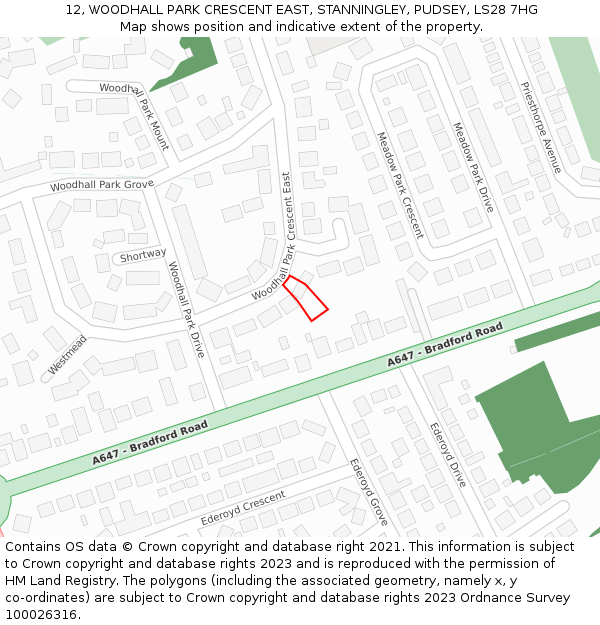 12, WOODHALL PARK CRESCENT EAST, STANNINGLEY, PUDSEY, LS28 7HG: Location map and indicative extent of plot