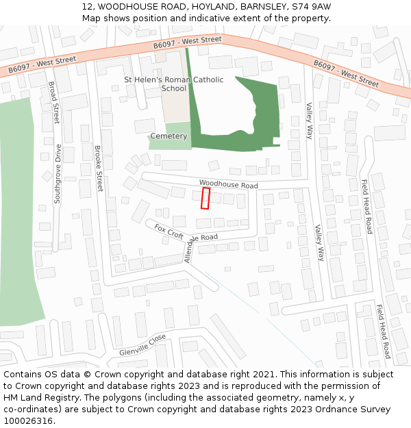 12, WOODHOUSE ROAD, HOYLAND, BARNSLEY, S74 9AW: Location map and indicative extent of plot