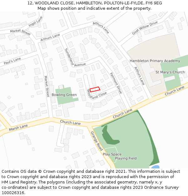 12, WOODLAND CLOSE, HAMBLETON, POULTON-LE-FYLDE, FY6 9EG: Location map and indicative extent of plot