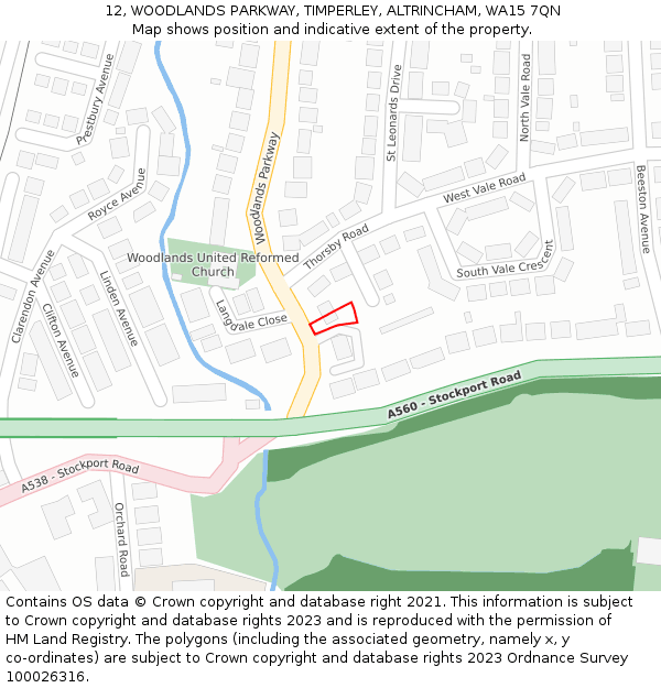 12, WOODLANDS PARKWAY, TIMPERLEY, ALTRINCHAM, WA15 7QN: Location map and indicative extent of plot