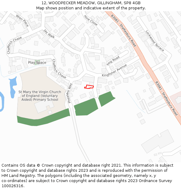 12, WOODPECKER MEADOW, GILLINGHAM, SP8 4GB: Location map and indicative extent of plot