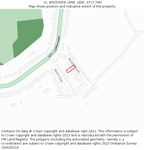 12, WOODSIDE LANE, LEEK, ST13 7AN: Location map and indicative extent of plot