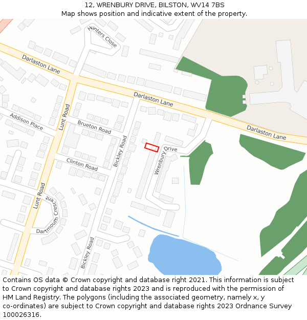 12, WRENBURY DRIVE, BILSTON, WV14 7BS: Location map and indicative extent of plot
