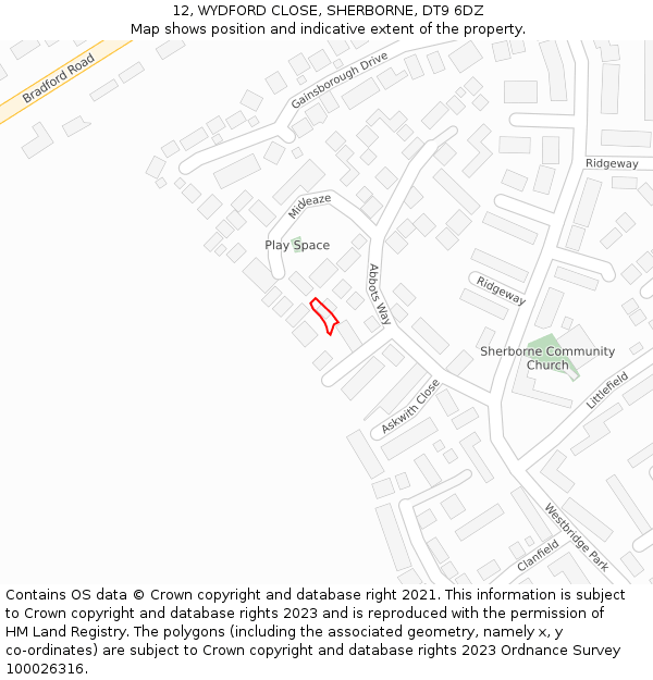 12, WYDFORD CLOSE, SHERBORNE, DT9 6DZ: Location map and indicative extent of plot