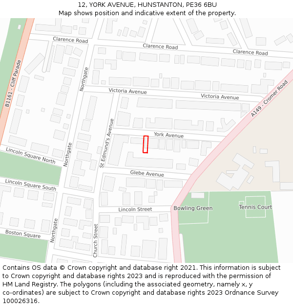 12, YORK AVENUE, HUNSTANTON, PE36 6BU: Location map and indicative extent of plot