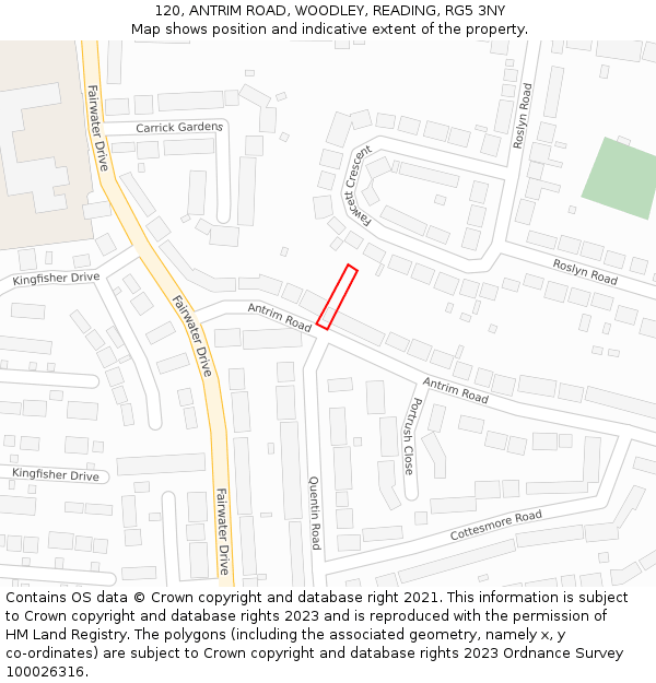 120, ANTRIM ROAD, WOODLEY, READING, RG5 3NY: Location map and indicative extent of plot