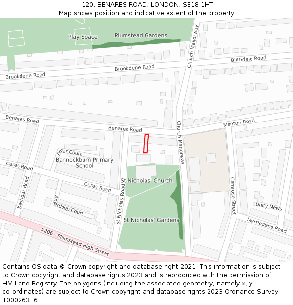 120, BENARES ROAD, LONDON, SE18 1HT: Location map and indicative extent of plot