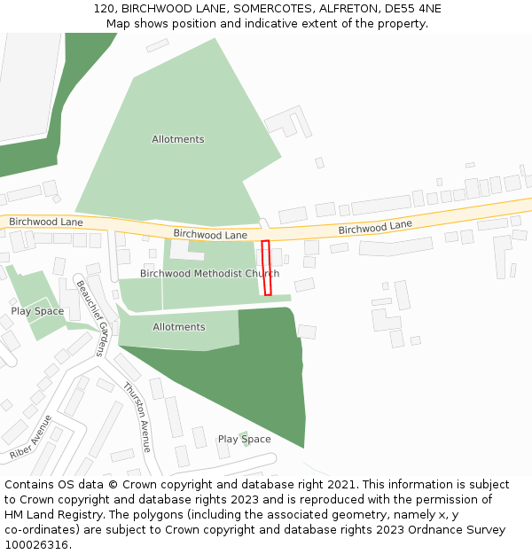 120, BIRCHWOOD LANE, SOMERCOTES, ALFRETON, DE55 4NE: Location map and indicative extent of plot
