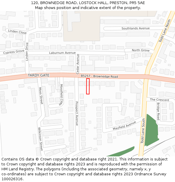 120, BROWNEDGE ROAD, LOSTOCK HALL, PRESTON, PR5 5AE: Location map and indicative extent of plot