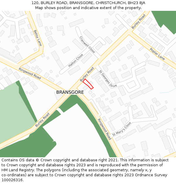120, BURLEY ROAD, BRANSGORE, CHRISTCHURCH, BH23 8JA: Location map and indicative extent of plot