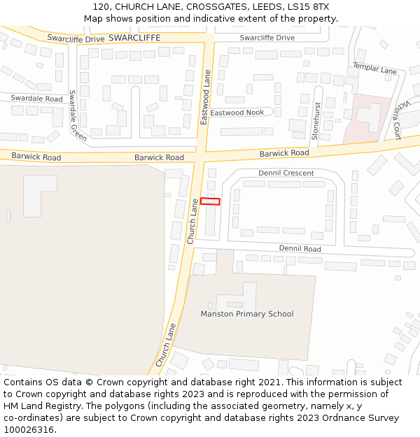 120, CHURCH LANE, CROSSGATES, LEEDS, LS15 8TX: Location map and indicative extent of plot
