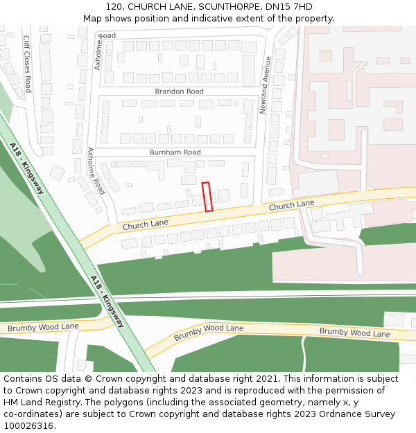 120, CHURCH LANE, SCUNTHORPE, DN15 7HD: Location map and indicative extent of plot