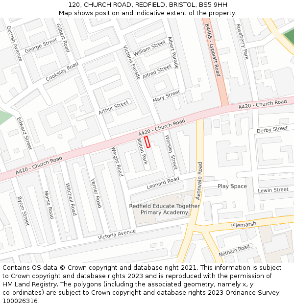 120, CHURCH ROAD, REDFIELD, BRISTOL, BS5 9HH: Location map and indicative extent of plot