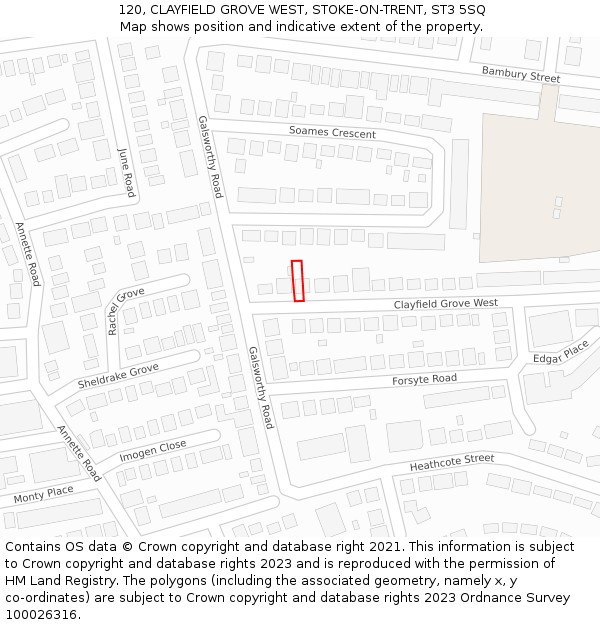 120, CLAYFIELD GROVE WEST, STOKE-ON-TRENT, ST3 5SQ: Location map and indicative extent of plot