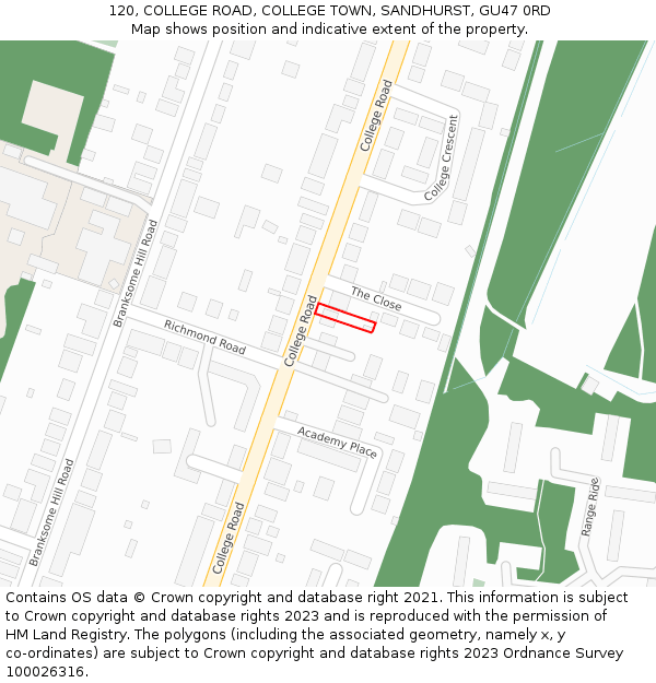 120, COLLEGE ROAD, COLLEGE TOWN, SANDHURST, GU47 0RD: Location map and indicative extent of plot