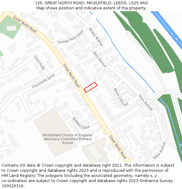 120, GREAT NORTH ROAD, MICKLEFIELD, LEEDS, LS25 4AG: Location map and indicative extent of plot