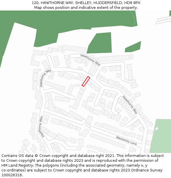 120, HAWTHORNE WAY, SHELLEY, HUDDERSFIELD, HD8 8PX: Location map and indicative extent of plot