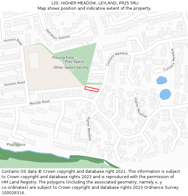 120, HIGHER MEADOW, LEYLAND, PR25 5RU: Location map and indicative extent of plot