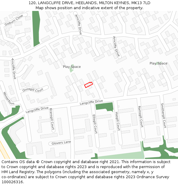 120, LANGCLIFFE DRIVE, HEELANDS, MILTON KEYNES, MK13 7LD: Location map and indicative extent of plot