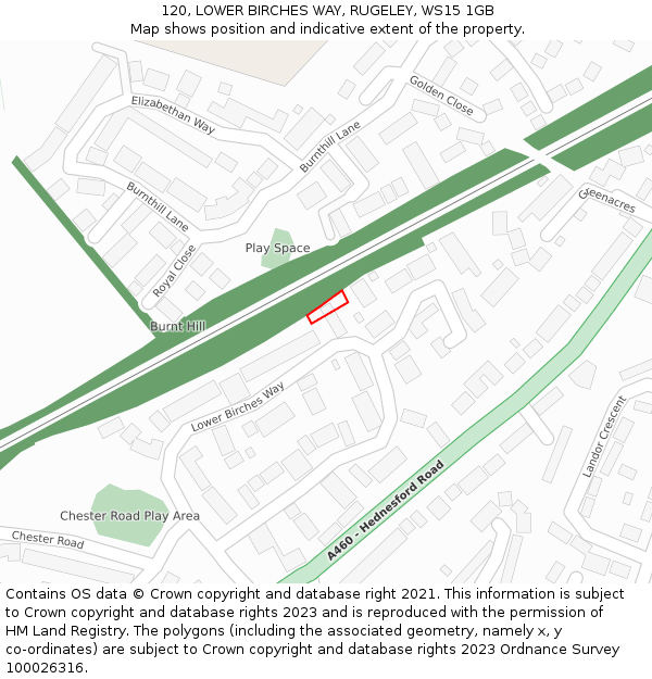 120, LOWER BIRCHES WAY, RUGELEY, WS15 1GB: Location map and indicative extent of plot