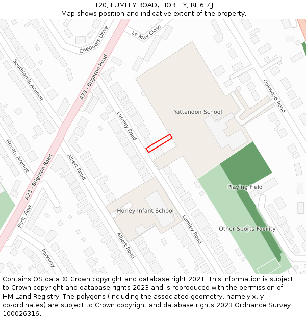 120, LUMLEY ROAD, HORLEY, RH6 7JJ: Location map and indicative extent of plot