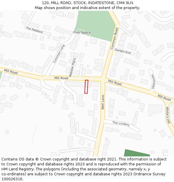120, MILL ROAD, STOCK, INGATESTONE, CM4 9LN: Location map and indicative extent of plot