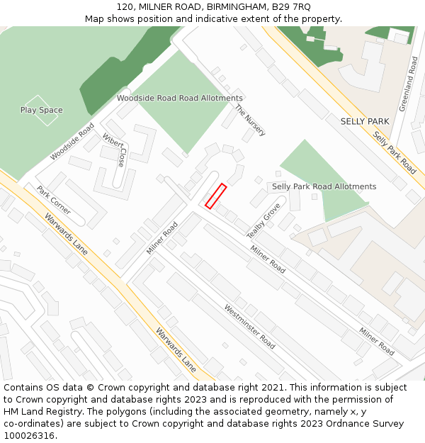 120, MILNER ROAD, BIRMINGHAM, B29 7RQ: Location map and indicative extent of plot