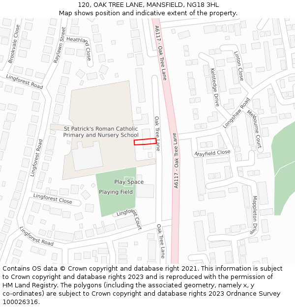 120, OAK TREE LANE, MANSFIELD, NG18 3HL: Location map and indicative extent of plot