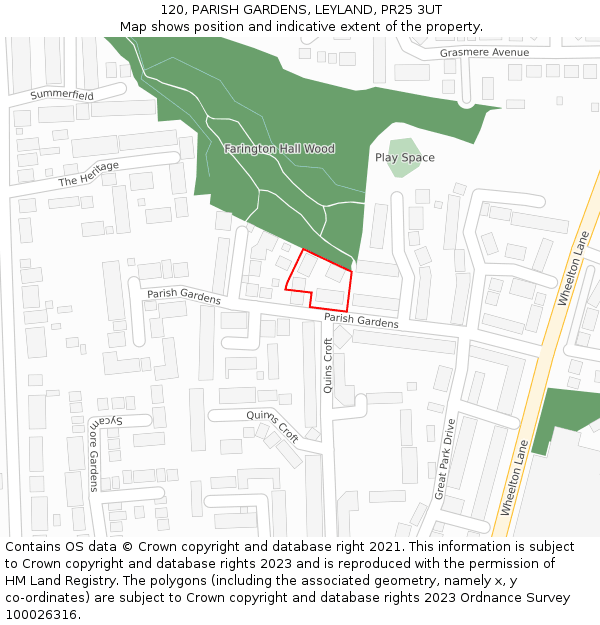 120, PARISH GARDENS, LEYLAND, PR25 3UT: Location map and indicative extent of plot