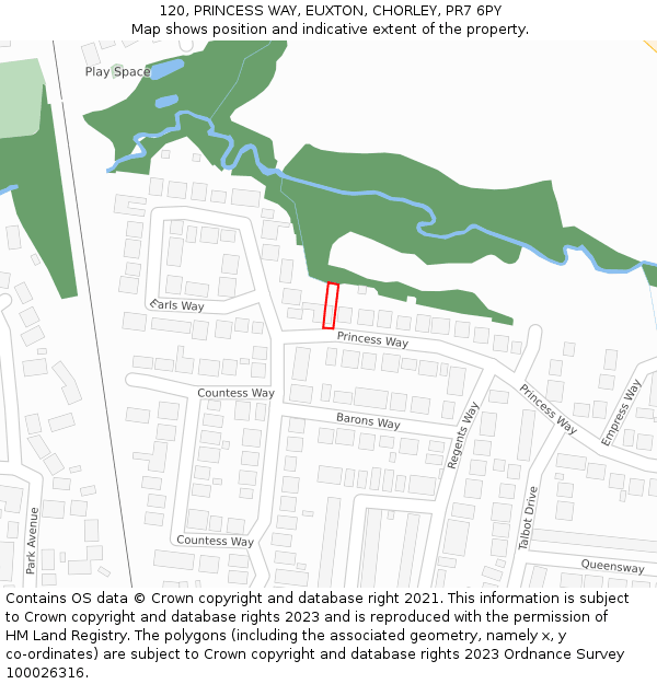 120, PRINCESS WAY, EUXTON, CHORLEY, PR7 6PY: Location map and indicative extent of plot