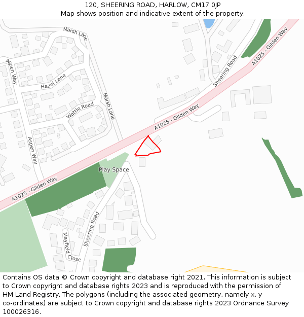 120, SHEERING ROAD, HARLOW, CM17 0JP: Location map and indicative extent of plot