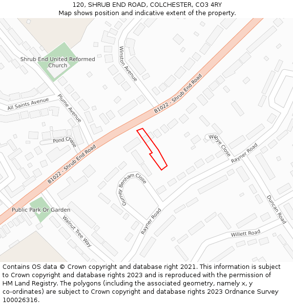 120, SHRUB END ROAD, COLCHESTER, CO3 4RY: Location map and indicative extent of plot