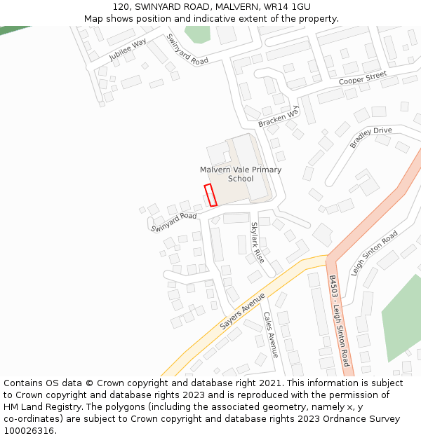 120, SWINYARD ROAD, MALVERN, WR14 1GU: Location map and indicative extent of plot