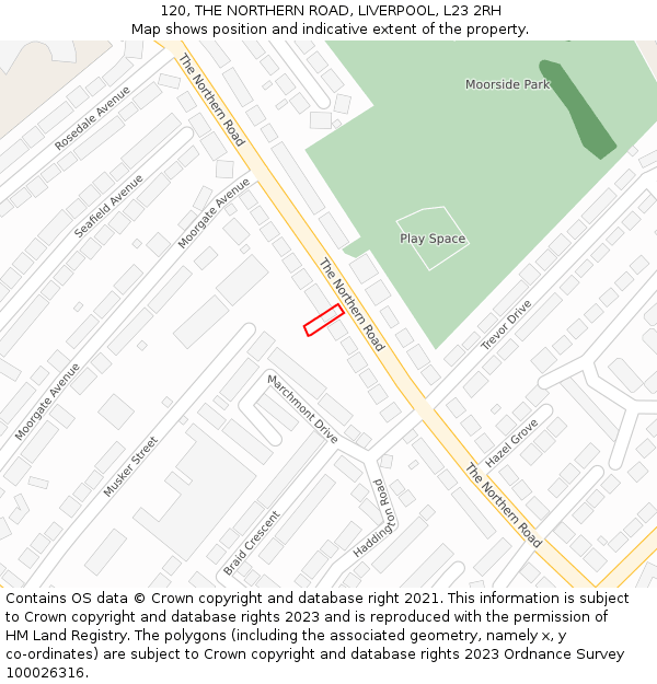 120, THE NORTHERN ROAD, LIVERPOOL, L23 2RH: Location map and indicative extent of plot
