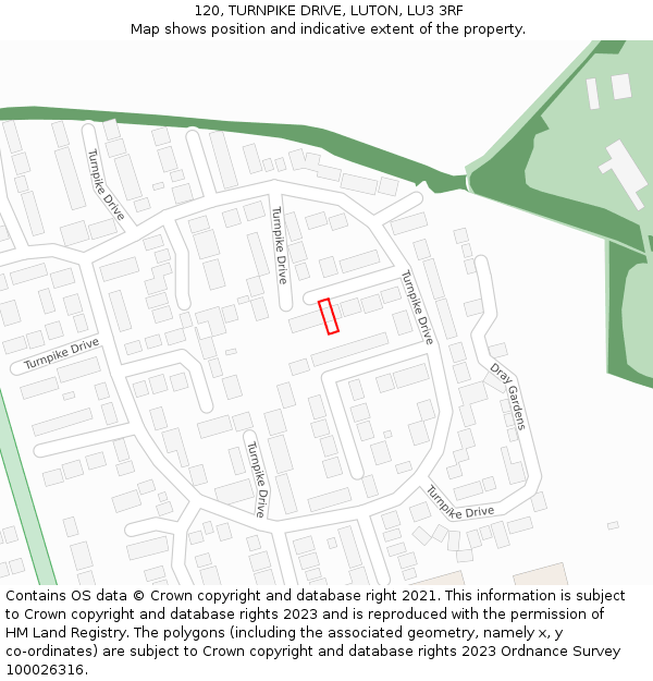120, TURNPIKE DRIVE, LUTON, LU3 3RF: Location map and indicative extent of plot