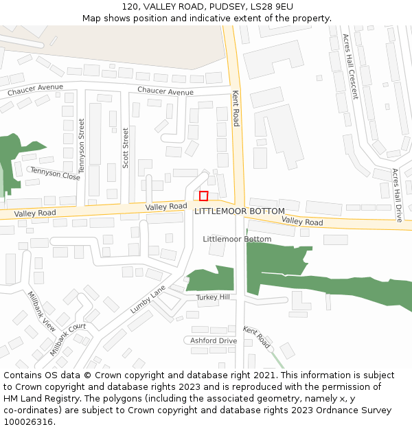 120, VALLEY ROAD, PUDSEY, LS28 9EU: Location map and indicative extent of plot