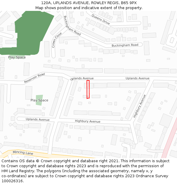 120A, UPLANDS AVENUE, ROWLEY REGIS, B65 9PX: Location map and indicative extent of plot