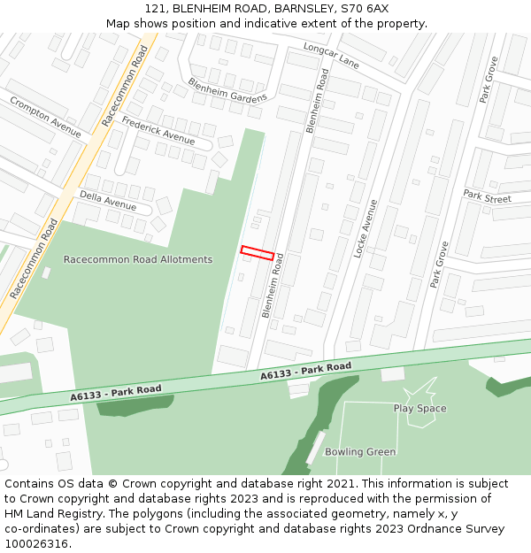 121, BLENHEIM ROAD, BARNSLEY, S70 6AX: Location map and indicative extent of plot