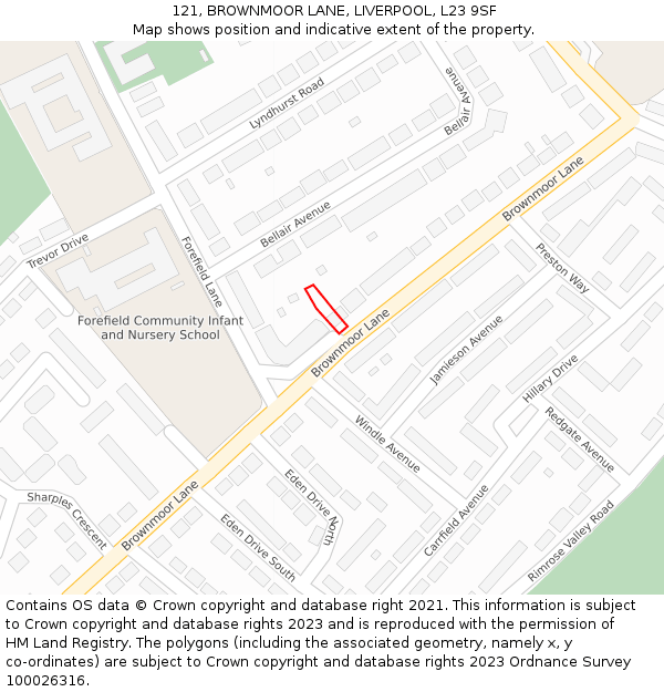 121, BROWNMOOR LANE, LIVERPOOL, L23 9SF: Location map and indicative extent of plot