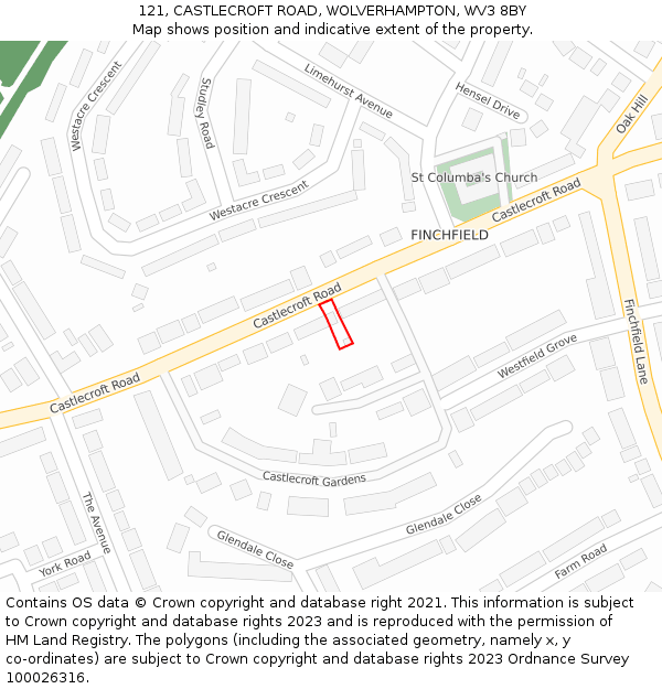 121, CASTLECROFT ROAD, WOLVERHAMPTON, WV3 8BY: Location map and indicative extent of plot