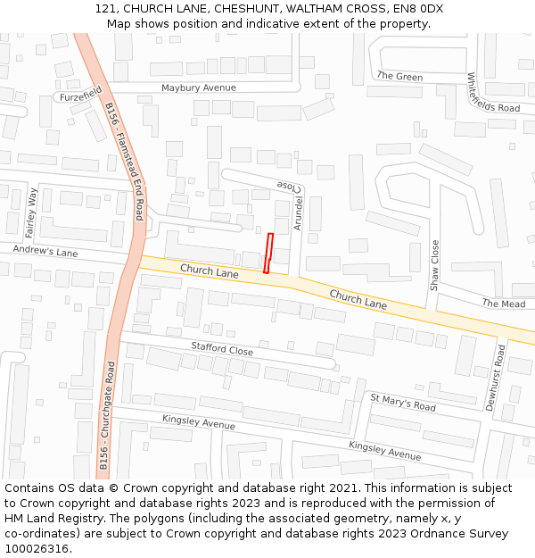 121, CHURCH LANE, CHESHUNT, WALTHAM CROSS, EN8 0DX: Location map and indicative extent of plot
