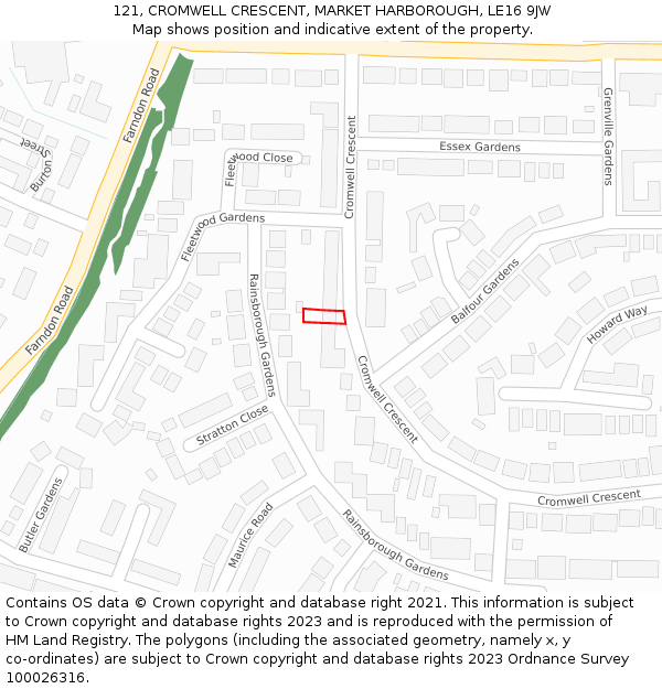 121, CROMWELL CRESCENT, MARKET HARBOROUGH, LE16 9JW: Location map and indicative extent of plot