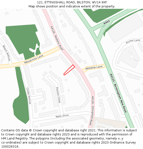 121, ETTINGSHALL ROAD, BILSTON, WV14 9XF: Location map and indicative extent of plot