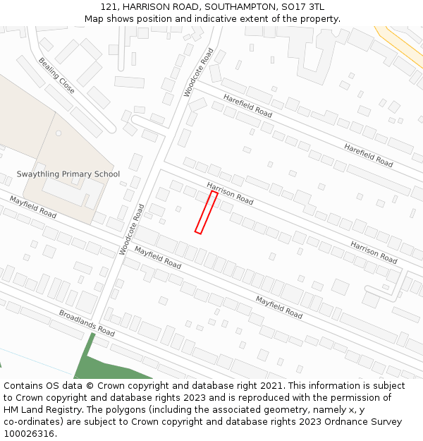 121, HARRISON ROAD, SOUTHAMPTON, SO17 3TL: Location map and indicative extent of plot
