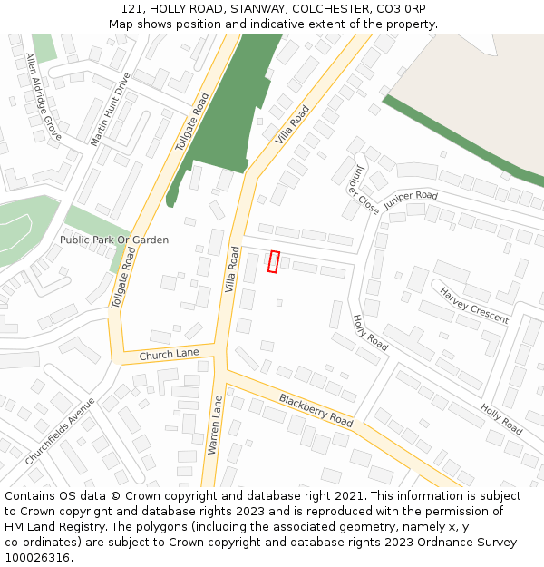 121, HOLLY ROAD, STANWAY, COLCHESTER, CO3 0RP: Location map and indicative extent of plot