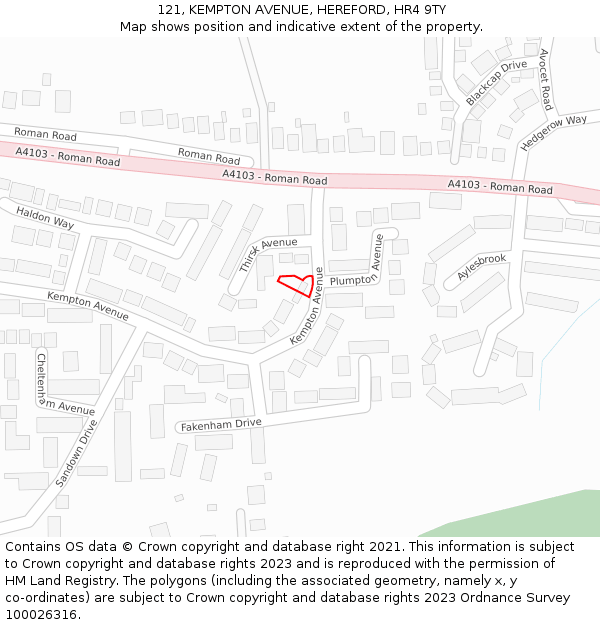 121, KEMPTON AVENUE, HEREFORD, HR4 9TY: Location map and indicative extent of plot
