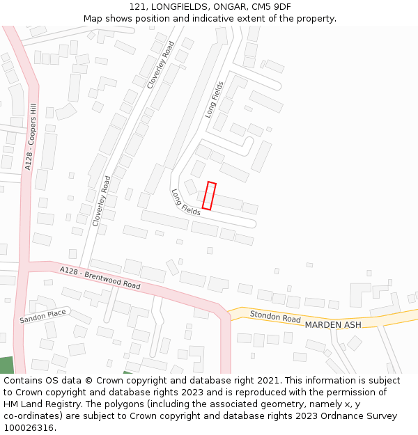 121, LONGFIELDS, ONGAR, CM5 9DF: Location map and indicative extent of plot